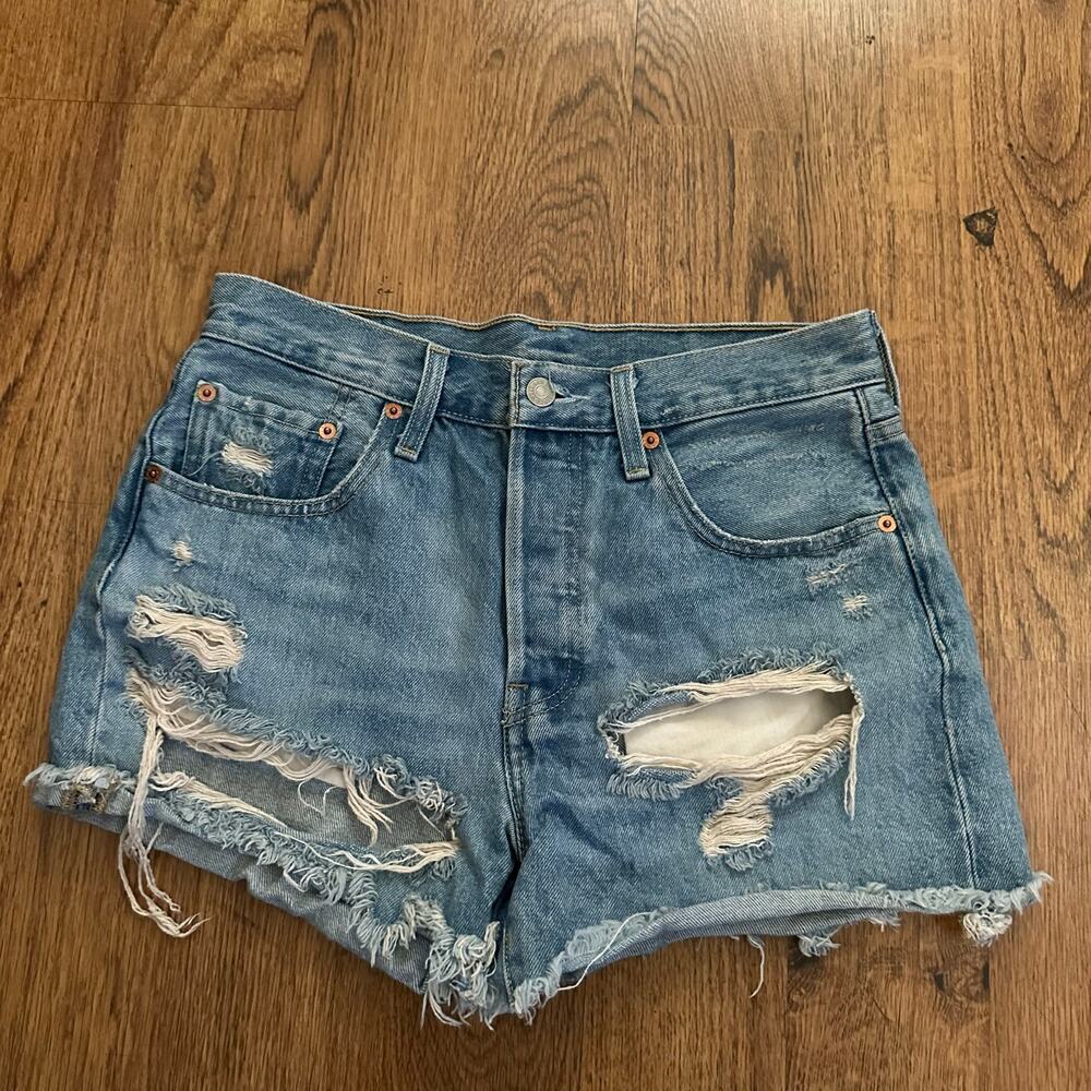 Levi’s Blue Distressed Denim Jean Short Size 27 raw hem cut out 100% cotton